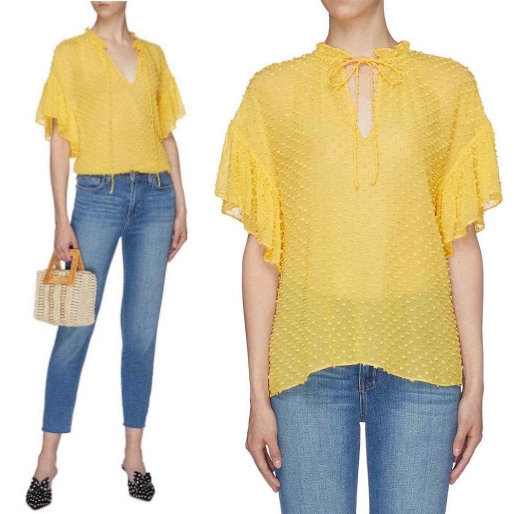 Alice + Olivia Julius Swiss Dot Ruffle Flutter Sleeve Blouse Yellow Top XS